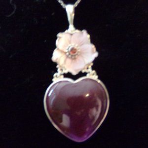 Vintage Sajen/Offerings SS Red Jasper Heart, Pink Mother of Pearl Flower Pendant
